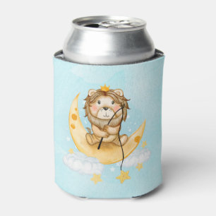 Cute Lion Fishing on the Moon Watercolor Can Cooler
