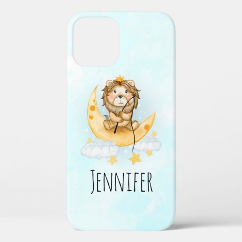 Cute Lion Fishing on the Moon Watercolor iPhone 12 Case