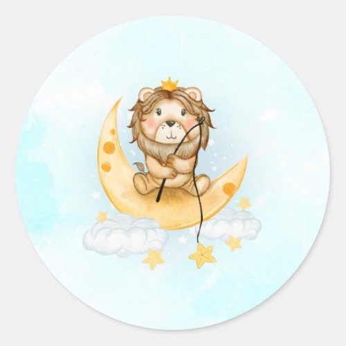 Cute Lion Fishing on the Moon Watercolor Classic Round Sticker