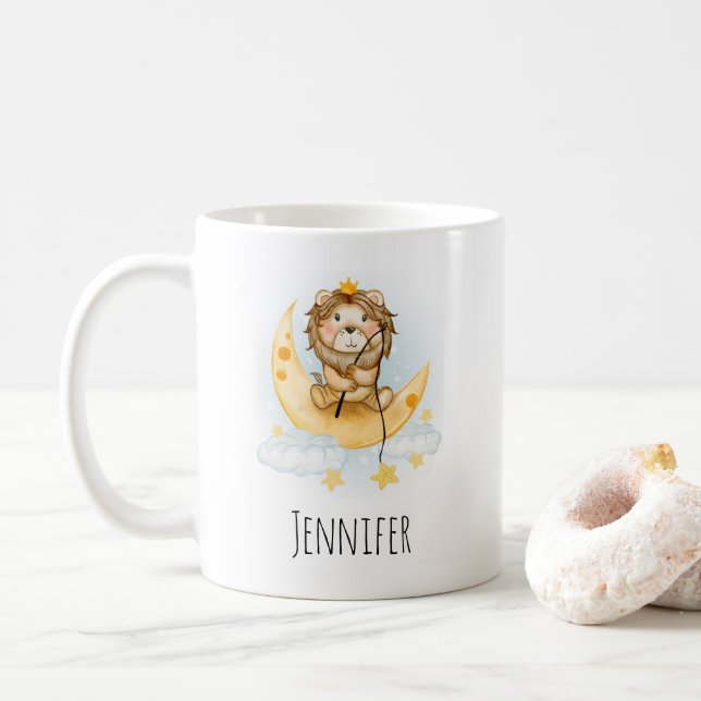 Cute Lion Fishing on the Moon Watercolor Coffee Mug (With Donut)