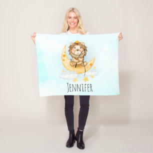 Cute Lion Fishing on the Moon Watercolor Fleece Blanket
