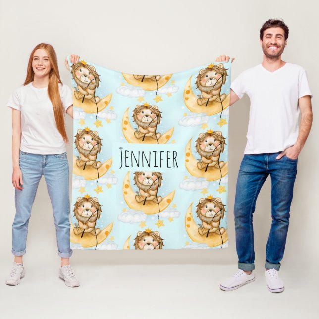 Cute Lion Fishing on the Moon Watercolor Fleece Blanket (In Situ)