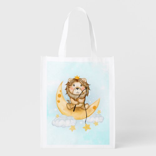 Cute Lion Fishing on the Moon Watercolor Grocery Bag
