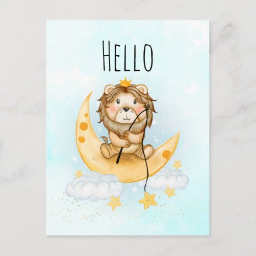 Cute Lion Fishing on the Moon Watercolor Hello Postcard