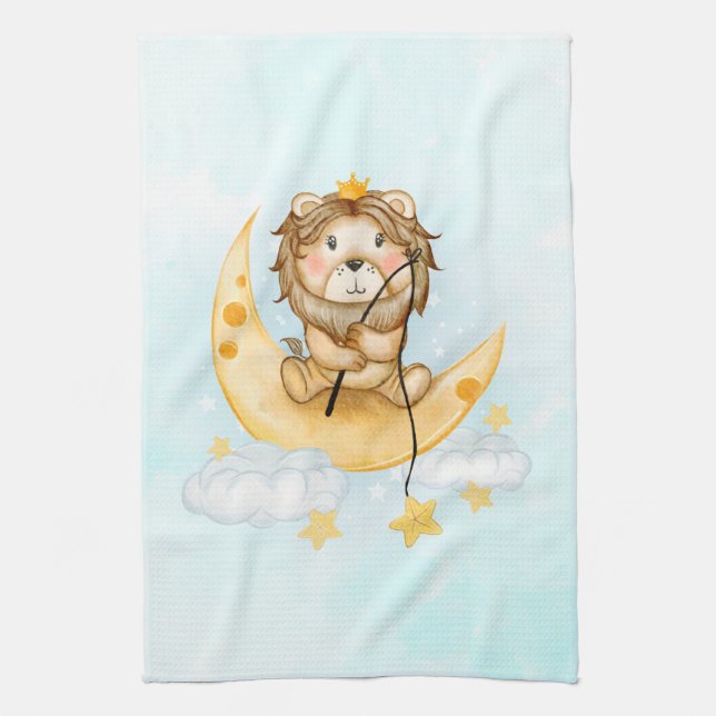 Cute Lion Fishing on the Moon Watercolor Kitchen Towel (Vertical)