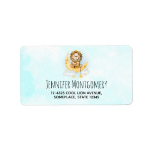 Cute Lion Fishing on the Moon Watercolor Label
