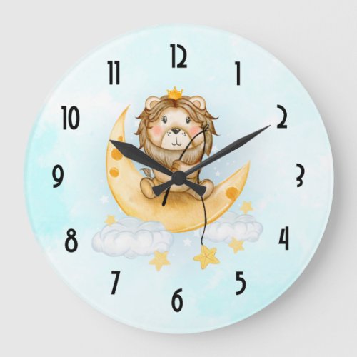 Cute Lion Fishing on the Moon Watercolor Large Clock