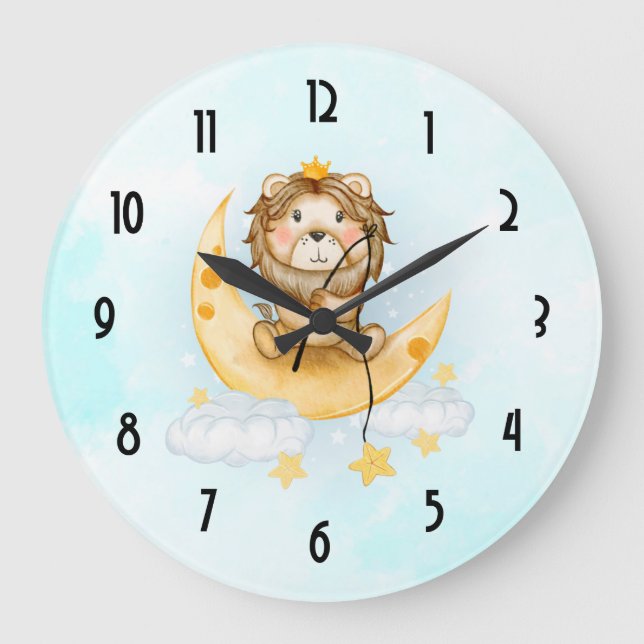 Cute Lion Fishing on the Moon Watercolor Large Clock (Front)