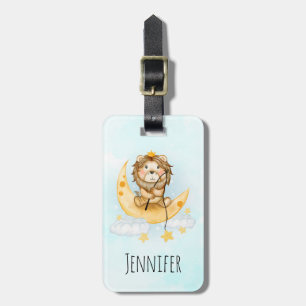 Cute Lion Fishing on the Moon Watercolor Luggage Tag