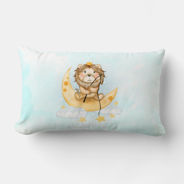 Cute Lion Fishing on the Moon Watercolor Lumbar Pillow (Front)