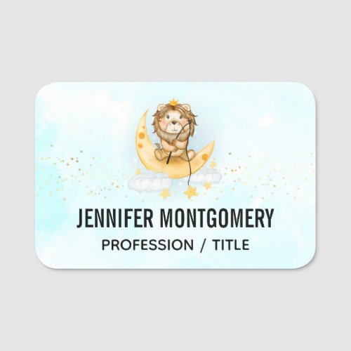 Cute Lion Fishing on the Moon Watercolor Name Tag