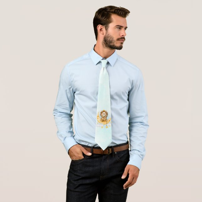 Cute Lion Fishing on the Moon Watercolor Neck Tie (In Situ)