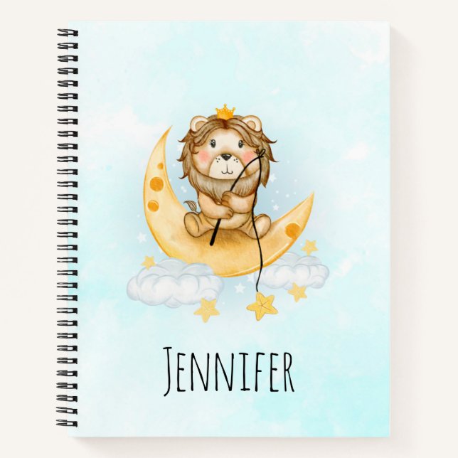 Cute Lion Fishing on the Moon Watercolor Notebook (Front)