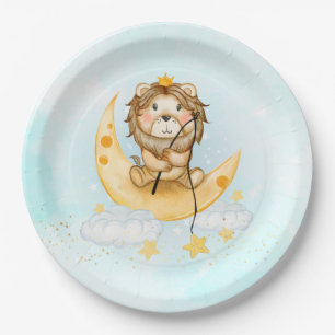 Cute Lion Fishing on the Moon Watercolor Paper Plates