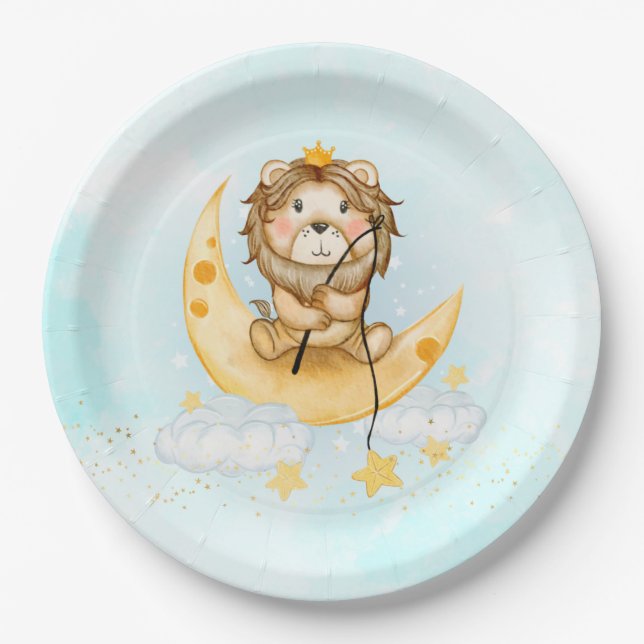 Cute Lion Fishing on the Moon Watercolor Paper Plates (Front)