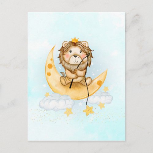 Cute Lion Fishing on the Moon Watercolor Postcard