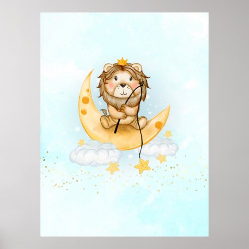 Cute Lion Fishing on the Moon Watercolor Poster