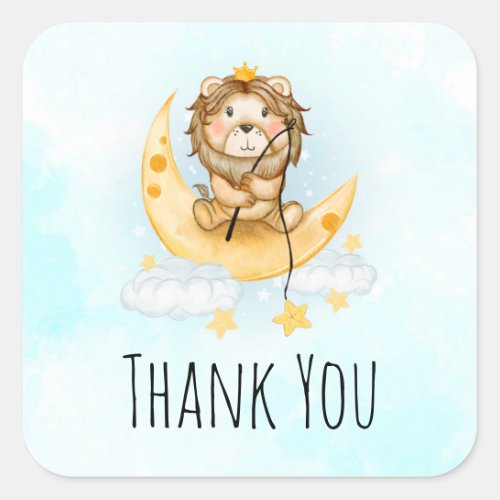 Cute Lion Fishing on the Moon Watercolor Square Sticker