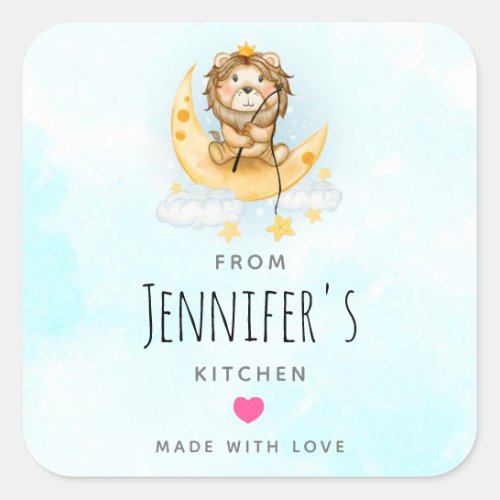 Cute Lion Fishing on the Moon Watercolor Square Sticker