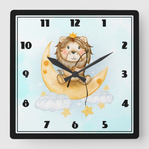 Cute Lion Fishing on the Moon Watercolor Square Wall Clock