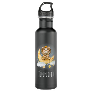 Cute Lion Fishing on the Moon Watercolor Stainless Steel Water Bottle