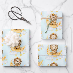 Cute Lion Fishing on the Moon Watercolor Wrapping Paper Sheets