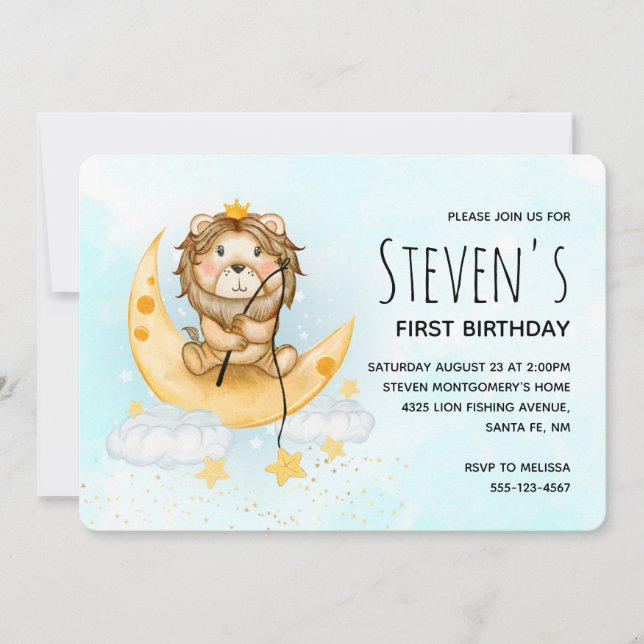  Cute Lion Fishing Watercolor Birthday Invitation (Front)