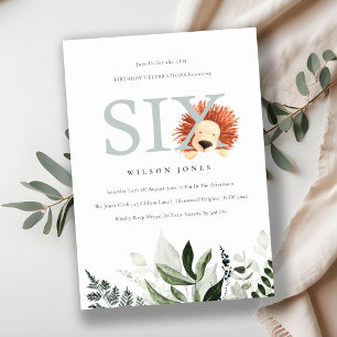 Cute Lion Foliage 6th Sixth Birthday Party Invite