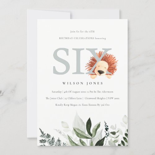 Cute Lion Foliage 6th Sixth Birthday Party Invite