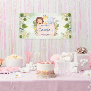 Cute Lion Giraffe Tropical flower Birthday party Banner