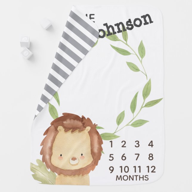 Cute Lion Gray Stripes Monthly Boy Milestone Baby Blanket (In Situ)