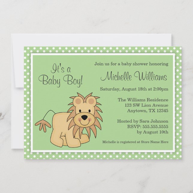 Cute Lion Green Polka Dots Baby Shower Invitation (Front)