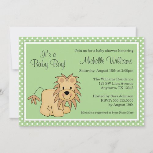 Cute Lion Green Polka Dots Baby Shower Custom Announcements