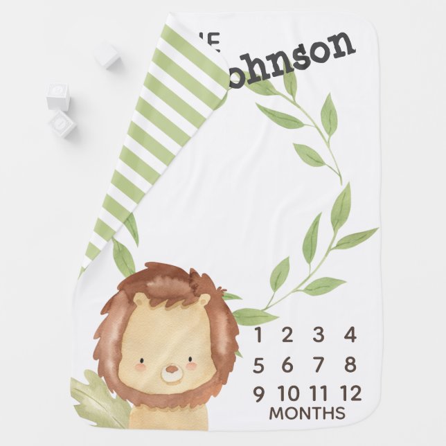 Cute Lion Green Stripes Monthly Baby Boy Milestone Blanket (In Situ)