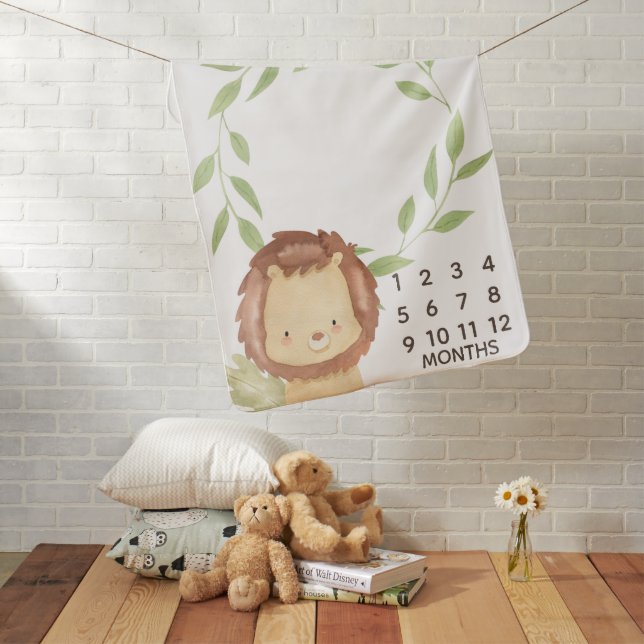 Cute Lion Green Stripes Monthly Baby Boy Milestone Blanket (In Situ)