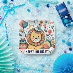Cute Lion Happy Birthday Party Hat Paper Plates