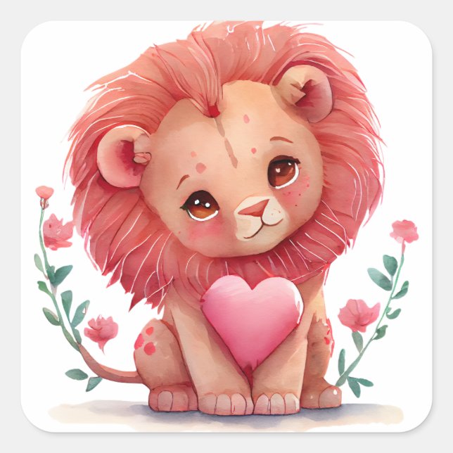 Cute Lion Heart Valentine  Square Sticker (Front)