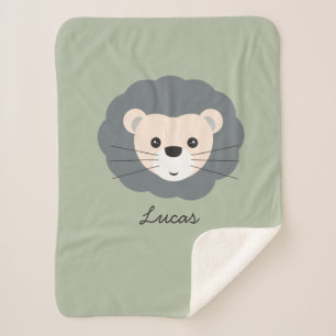 Cute Lion Illustration Sage Green Custom Baby Sherpa Blanket