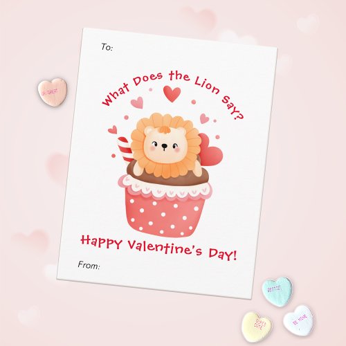 Cute Lion in Cupcake Custom Kids Valentines Day Holiday Card