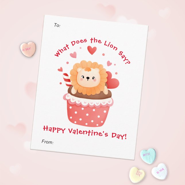 Cute Lion in Cupcake Custom Kids Valentine's Day Holiday Card (Creator Uploaded)