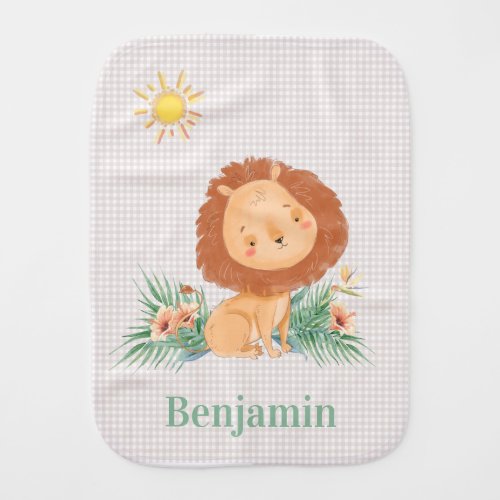 Cute Lion In Jungle_Gingham Check Personalized     Baby Burp Cloth