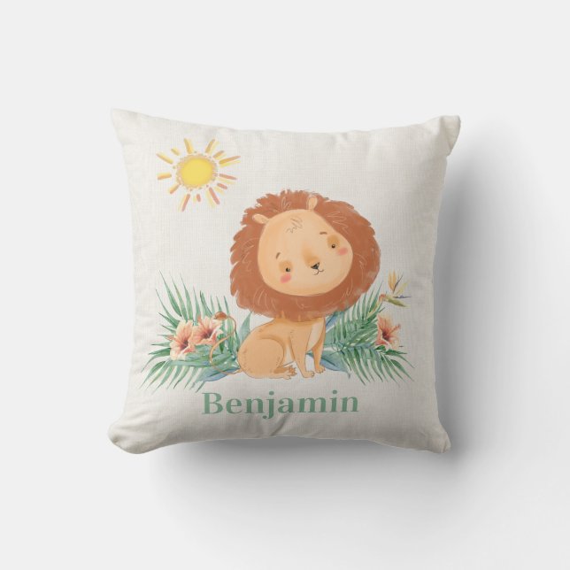 Cute Lion In Jungle Personalized Throw Pillow (Front)