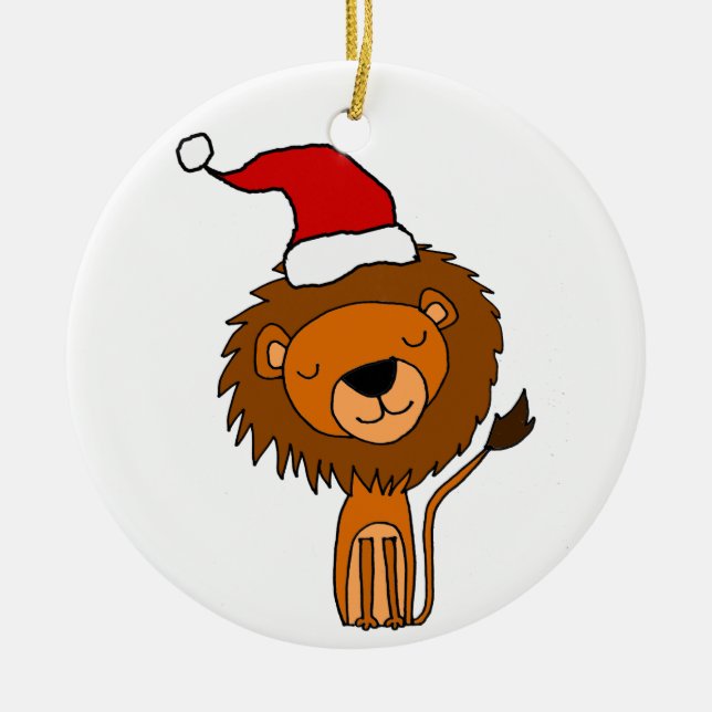 Cute Lion in Santa Hat Christmas Cartoon Ceramic Ornament (Front)