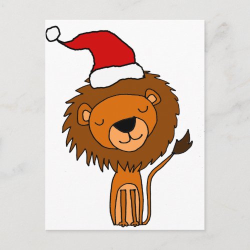 Cute Lion in Santa Hat Christmas Cartoon Holiday Postcard