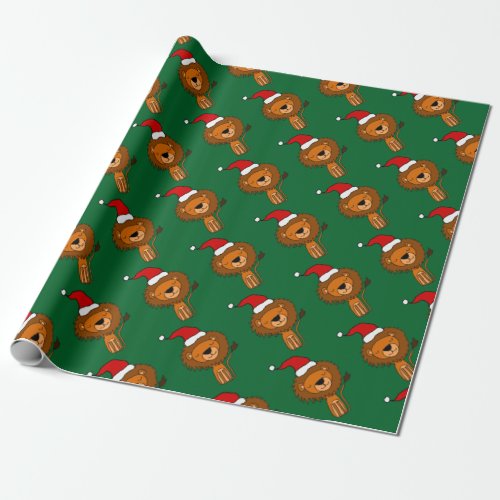 Cute Lion in Santa Hat Christmas Cartoon Wrapping Paper