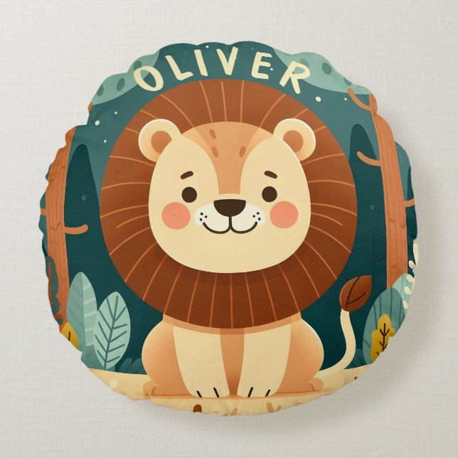 Cute Lion in The Forest Personalized Round Pillow (Front)