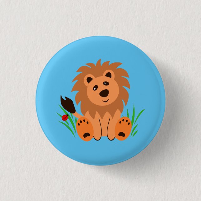 Cute lion in the grass with ladybug   button (Front)