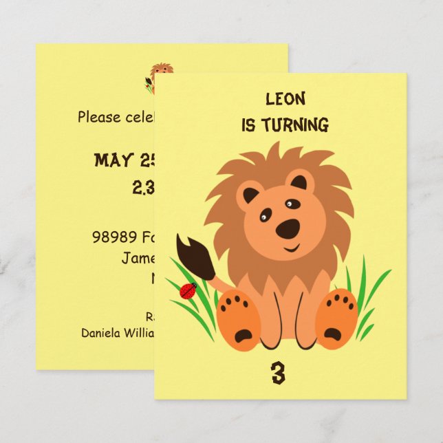 Cute lion in the grass with ladybug, kids birthday invitation (Front/Back)