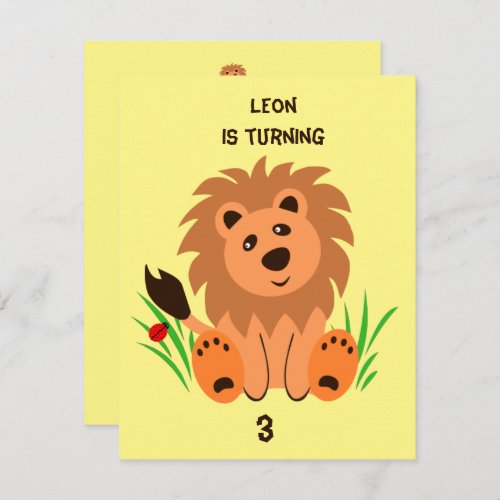 Cute lion in the grass with ladybug kids birthday invitation