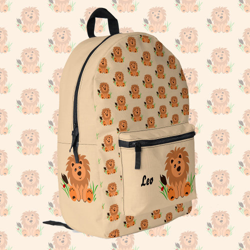 Cute lion in the grass with ladybug, kids  printed backpack